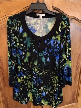 JM Collections  Black Blue Green Animal-Print Scoop Neck Blouse stretch fabric.
